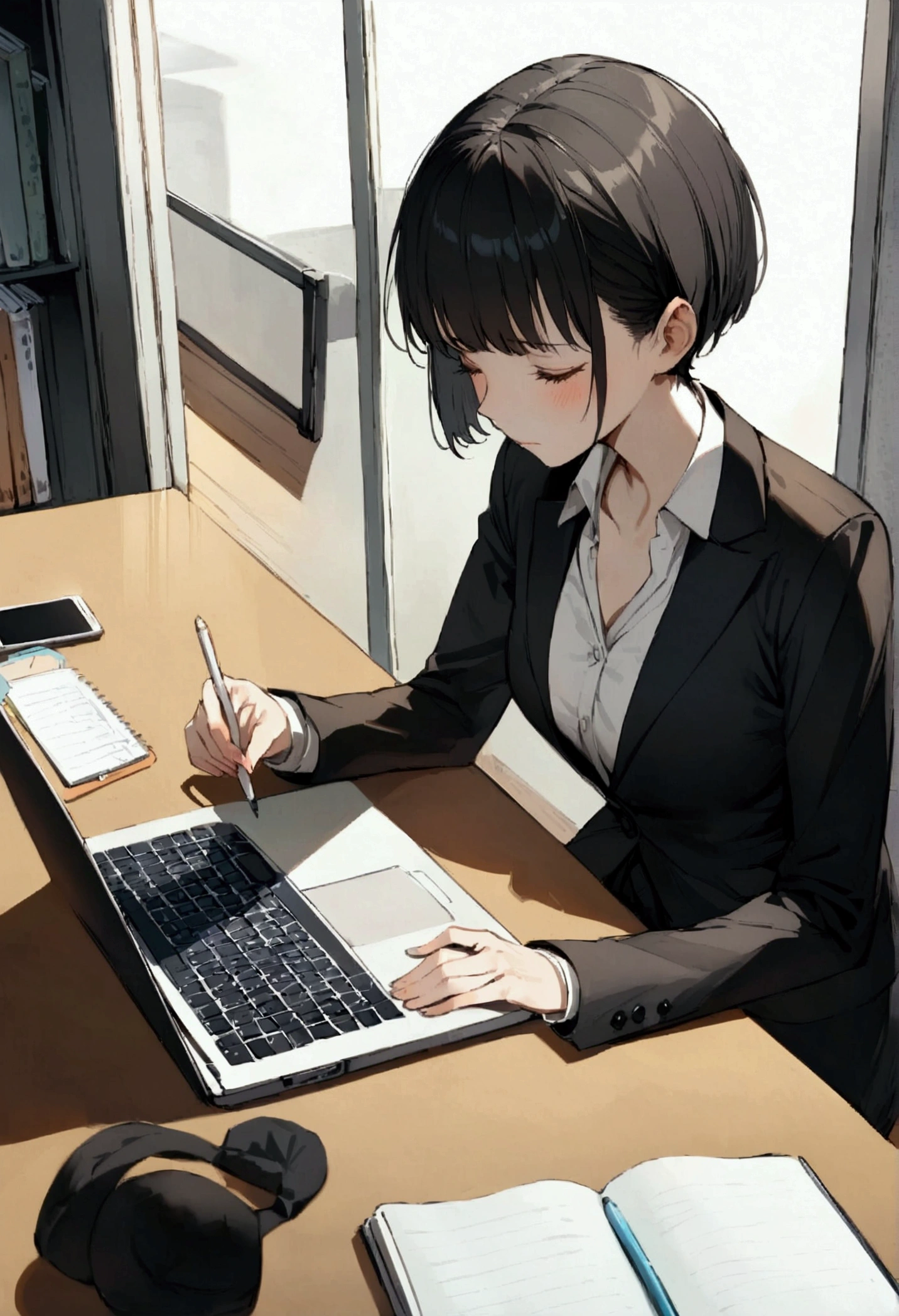 slender,a young girl,pixie cut,black hair,suit,tired,working on laptop,office setting,notebook