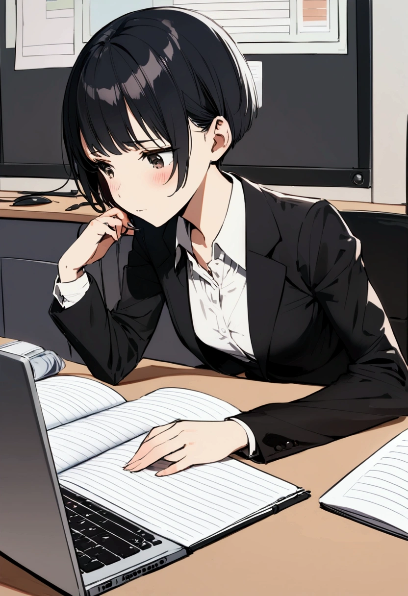 slender,a young girl,pixie cut,black hair,suit,tired,working on laptop,office setting,notebook