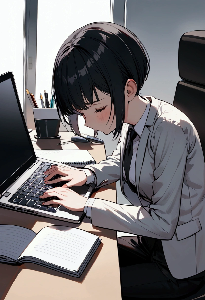 slender,a young girl,pixie cut,black hair,suit,tired,working on laptop,office setting,notebook