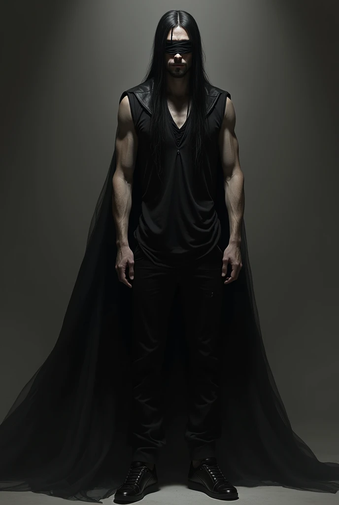 Okay so give a image of man with long straight black hair where his hair is covering his right eye and there is vertical scar on his left eye and he is wearing a black blind fold and a pitch black bandana. The clothes he is wearing is black vest on which he is wearing a no sleeve black loose t-shirt and and black trousers and black sports shoes which all black and a long black coat.