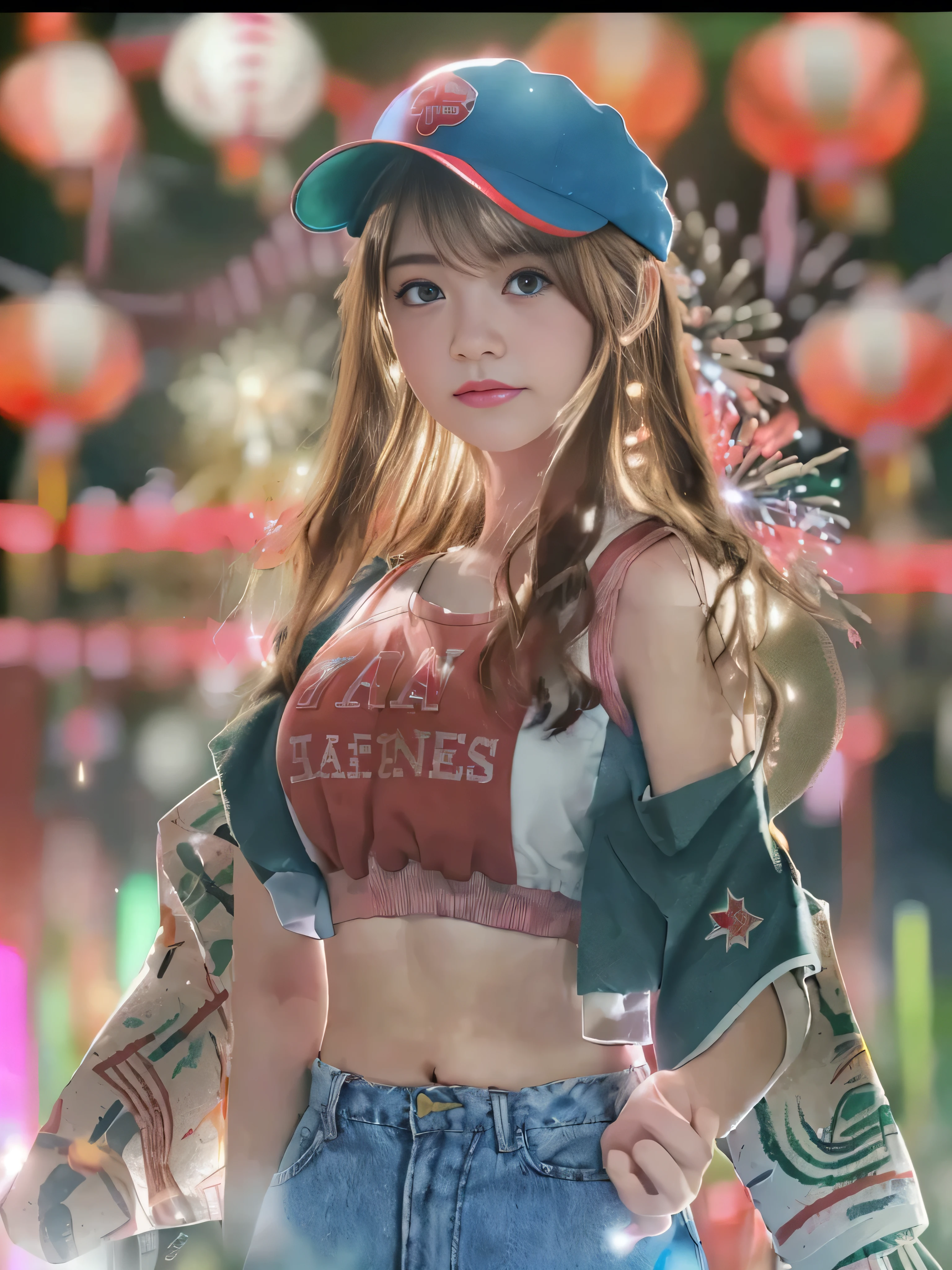 Highest quality、masterpiece、Ultra-high resolution、(Photorealistic:1.4)、(((RAW Photos:1.4)))、Exquisite photo quality、(Fireworks display:1.4)、Beautiful poop、One Girl、Japanese、Age 27、(blue eyes:1.2)、Pink lipstick、Smiling Face、(Brown Hair:1.4)、Sunburned skin、(Baseball cap:1.4)、(Cropped tank top:1.4)、(The underbust is visible:1.4)、(Low-rise shorts:1.2)、Large bust、Cleavage、Detailed portrait、8K quality、Concept Art、A dramatic, cinematic atmosphere、(Japanese Shrines:1.2)、(Japanese red and white lanterns:1.2)、Wind Chimes、(Festival Flag,)、Paper decoration、Sharp focus、Volumetric lighting、Cinema Lighting、Colorful neon lighting、Depth of written boundary、Ambient Lighting、Blurred foreground、Blurred Background:1.3、Portrait