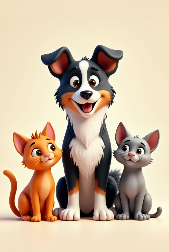 A little orange cat , a gray cat and a black and white border collie dog larger than cats with a 2d animation, that they are stuck facing forward