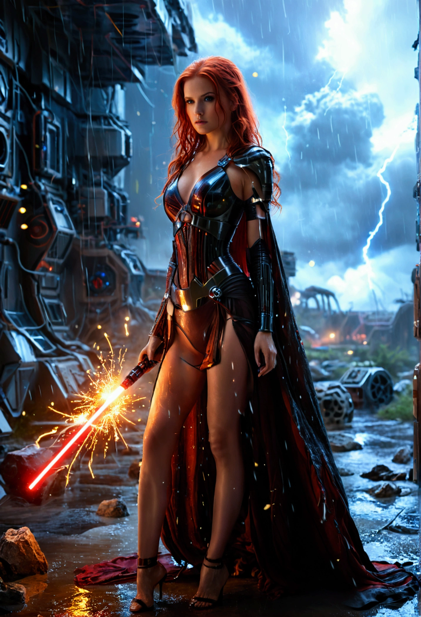 (full body shot:1) photorealistic image of a (standing pose:1) woman, ultrarealistic, photography, long red hair, woman, 24 years old, hourglass figure, perfect body, seductive look, natural medium breasts, blur background, in complete darkness, she is wearing a sith robe, she is holding a red lightsaber in one hand, there are electric sparks coming out of her other hand, she is destryoing surroundings of a space colony outside, it is raining, there is lightning in the background, she is walking towards the camera, explosion in the background, long sexy legs, wet clothes, wet hair