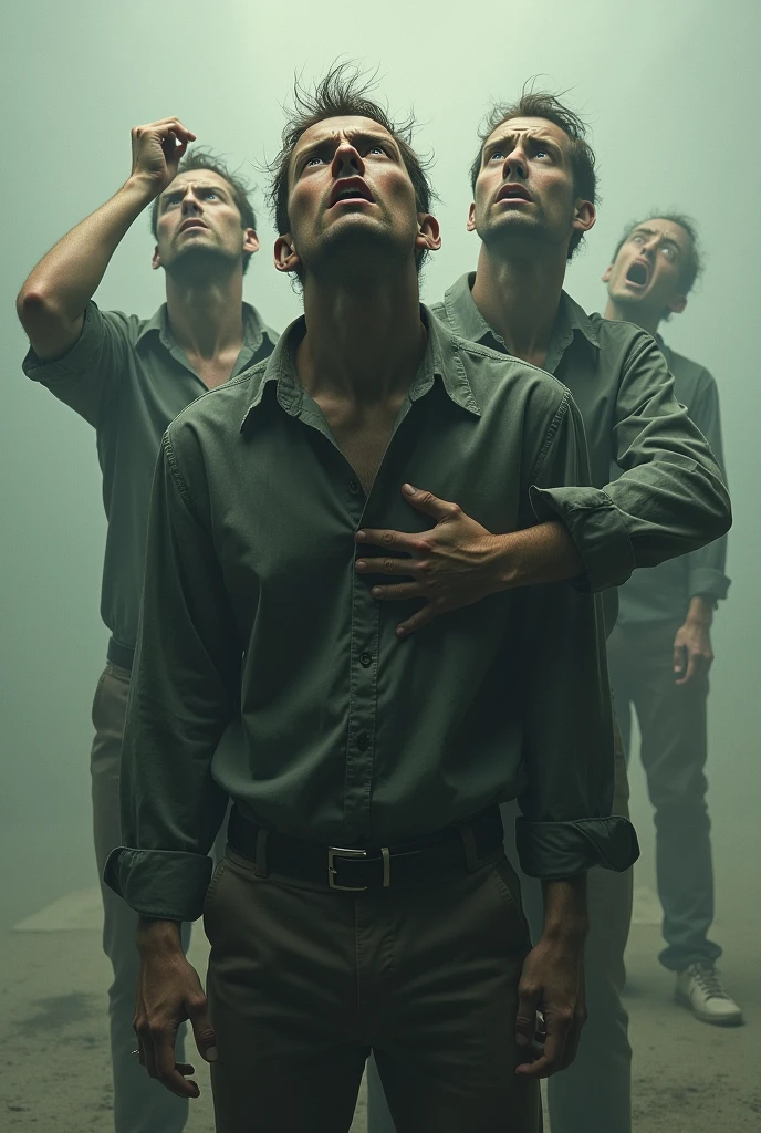 Multiple men in the same visibly disturbed man are making various gestures,showing what it&#39;s like to have a turret and as if you were several people 