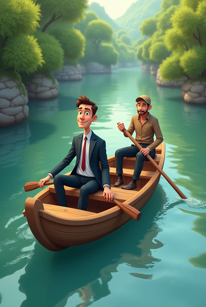 A small, rustic boat with a businessman and a humble boatman, sitting on opposite sides, floating on a calm river. Cartoon 