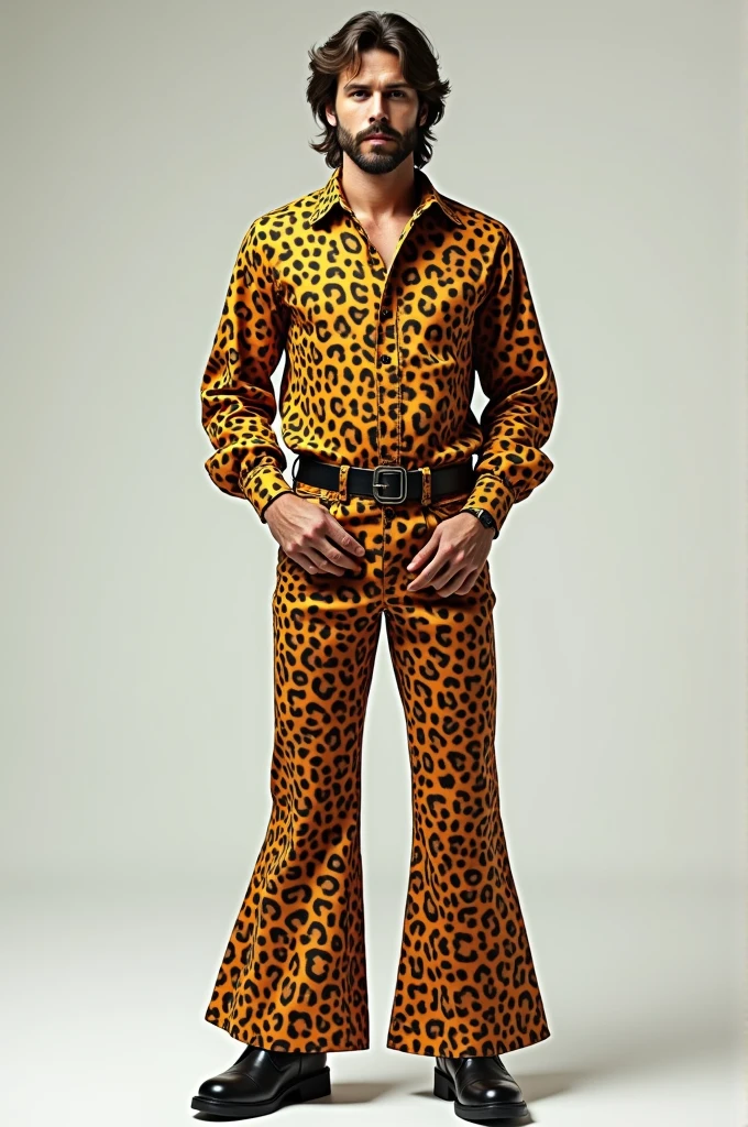 A men wearing 70s bell bottoms with cheetha print fulls leves shrit tucked in with black boots