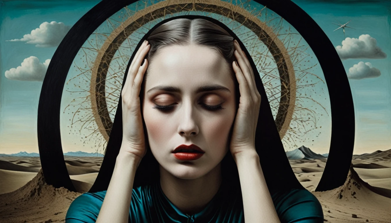 surrealist art with a melancholic woman with her hands on her head