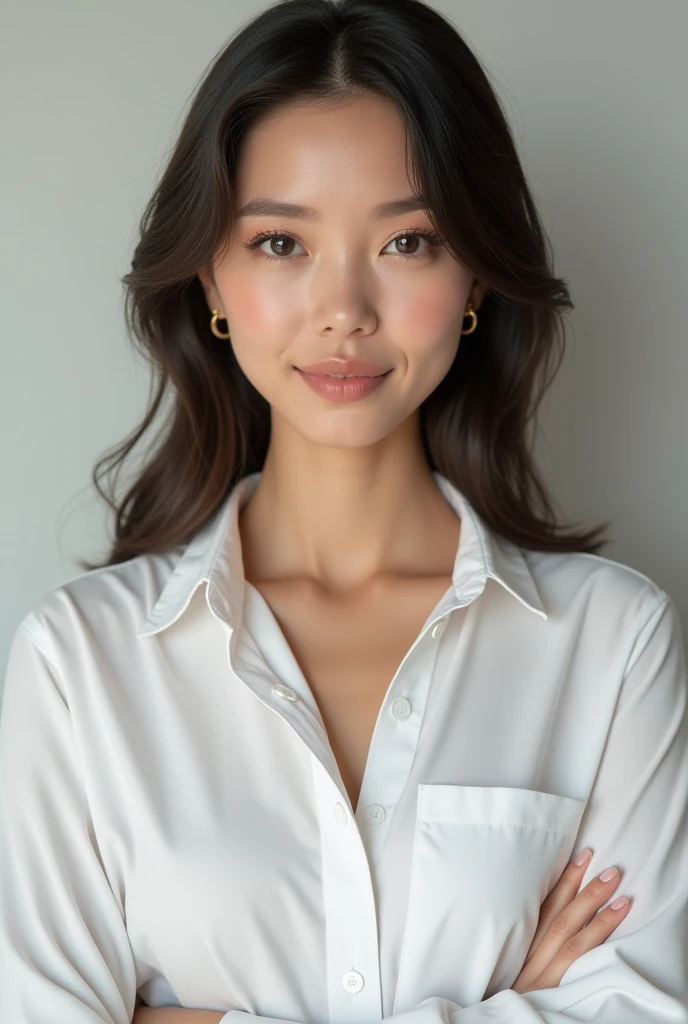 a pretty woman, dressed in white shirt, full body portrait, nice perfect face with perfect face, hyper realistic concept, 8k resolution, photography quality, posing for a photo, photo realistic,