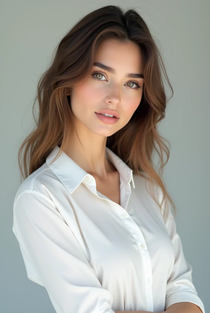 a pretty woman, dressed in white shirt, full body portrait, nice perfect face with perfect face, hyper realistic concept, 8k resolution, photography quality, posing for a photo, photo realistic,