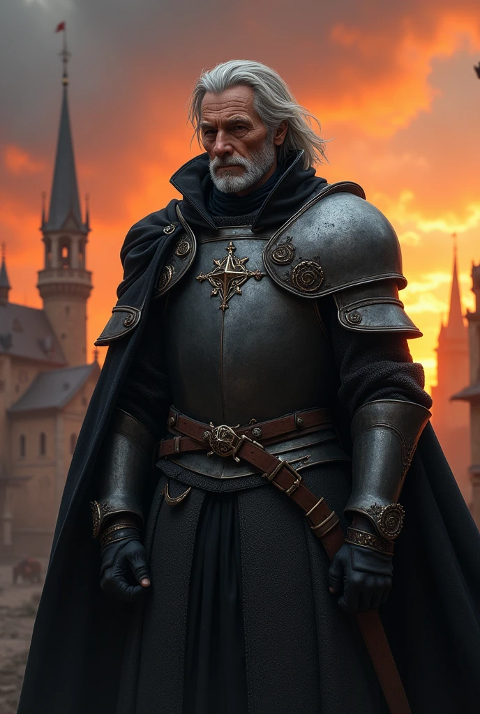 un vieux paladin en armure sombre avec des cheveux gris tenant une épée lumineuse et avec un bouclier, se tenant devant une ville en flamme dans un style fantastique