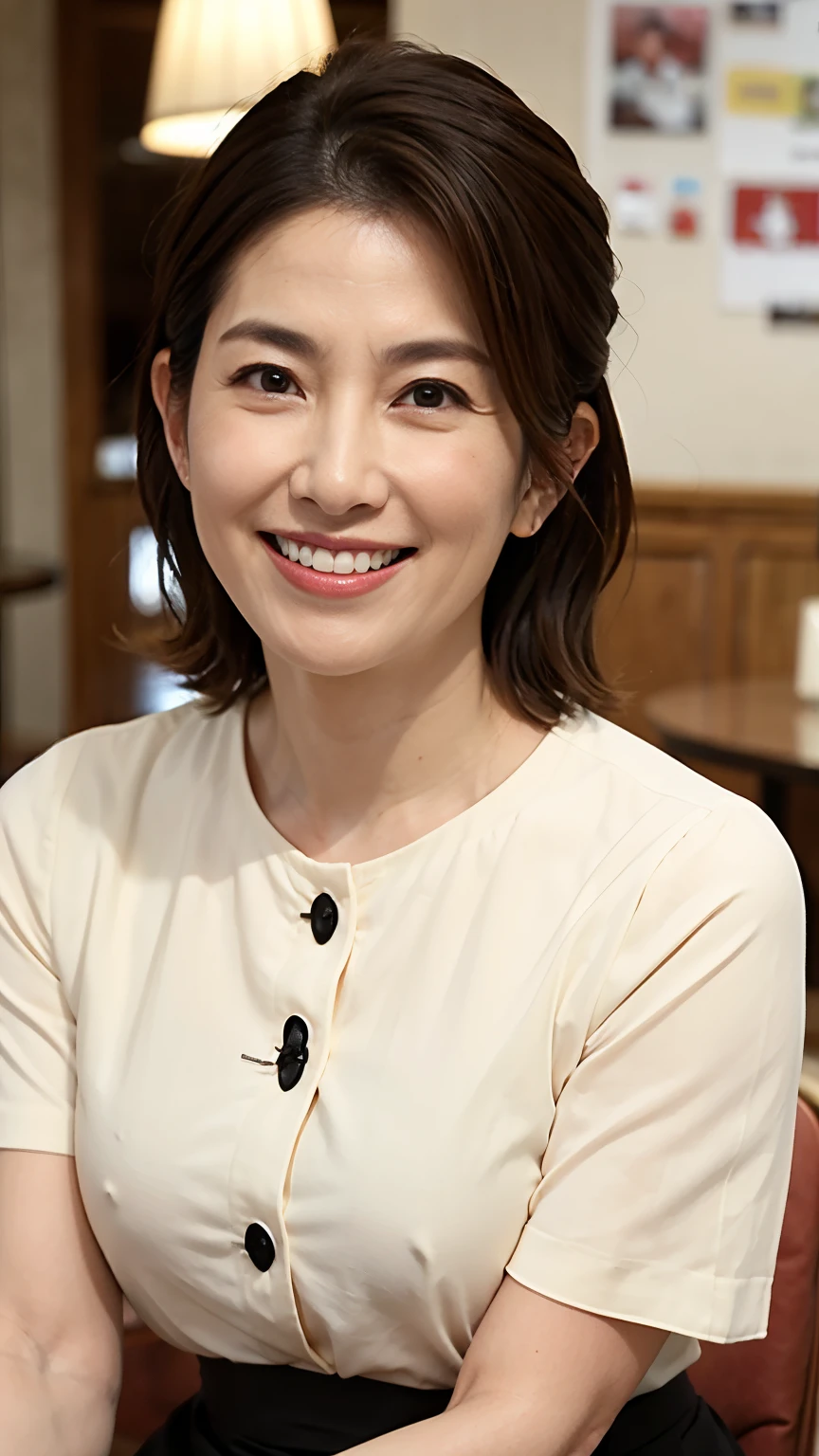 8k wallpaper, masterpiece, Highest quality, Very detailed, One Mature Woman, 50 years old, Become very clear, Wearing a short-sleeved knit, Skin dents, Captivating smile, Looking at the audience, No lapel microphone, Plump, Curvaceous, Attractive face, Smiling with teeth showing, I was happy, sitting in a cafe, Background Blur