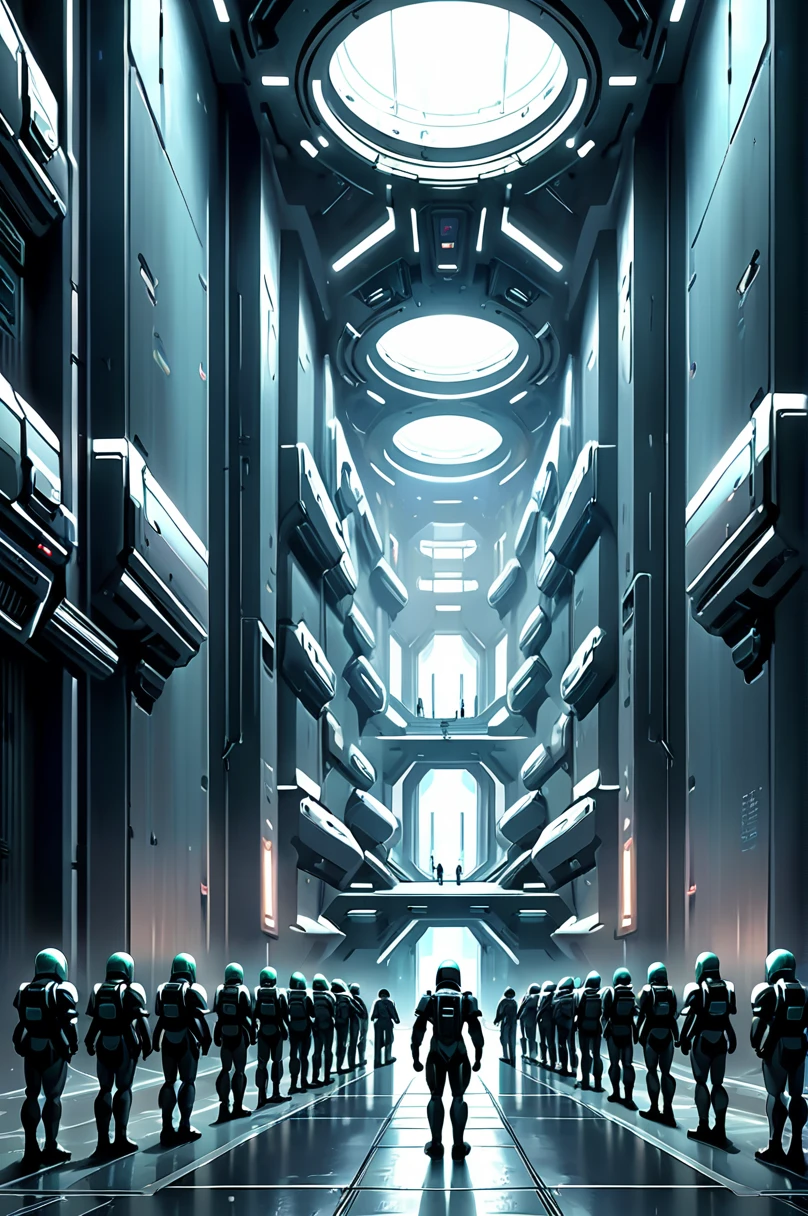 dark alley in an abandoned,impossible sci-fi megastructure outside the universe, work of art, audience, court martial, Futuristic, scene from above, corridor with 40 soldiers on each side, murky