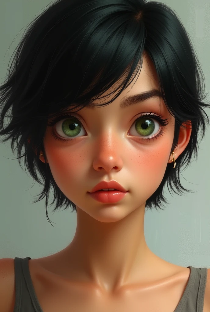 Spanish features: medium-sized nose, large green eyes, black hair and short hair, wide face and thin chin