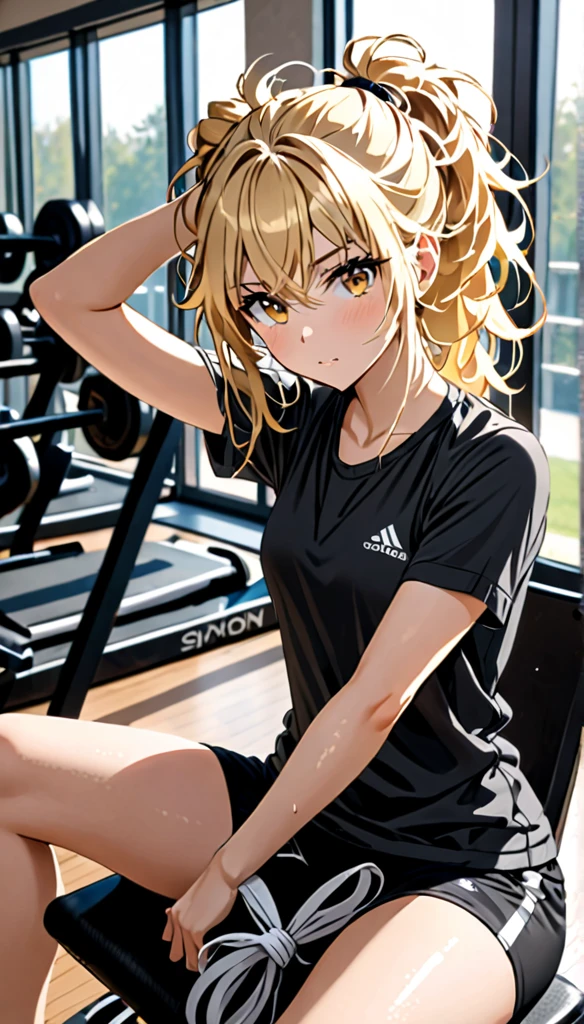 Beautiful and blond, messy hair, morning, gym, wearing black, free arms, looking sitting across the viewer , intrested, tying hair