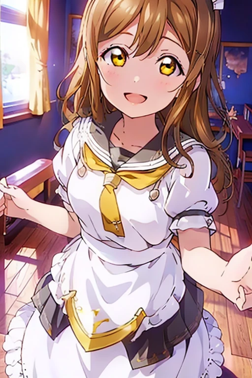Highest quality、masterpiece、One Girl、alone、anime、animeScreencap、Ray Tracing、Global Illumination、ultra hi resolution picture、Bright colors、Light on the face、Glowing Eyes、Depth of written boundary、Detailed Background、cute、Straight、smile、View your viewers、Love Live!、whole body、Coffee shop、Maid clothes、Hanamaru Kunikida、Big Breasts