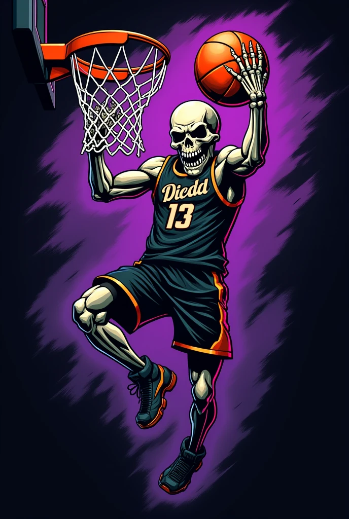 Logo for a basketball team where a skull plays basketball, This one makes a dunk, basketing the ball into the hoop with dominance In the clothing, the purple and black colors are sought to stand out
