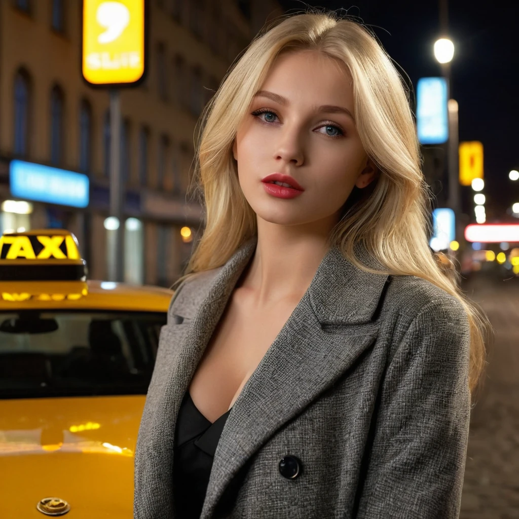 1girl, best quality, ultra-detailed, realistic, young blonde woman, waiting a Taxi on sidewalk, night, wearing Russian trendy models, chic, straight blonde hair, 24 years old, horny, big natural tits, elegant posture, detailed facial features, beautiful detailed grey eyes, beautiful detailed lips, attractive appearance, comfortable atmosphere, natural lighting, soft color scheme, confident expression