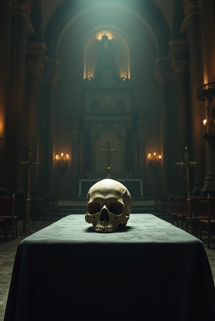 Inside the church, there was a large table in the center of the room with a skull on it.