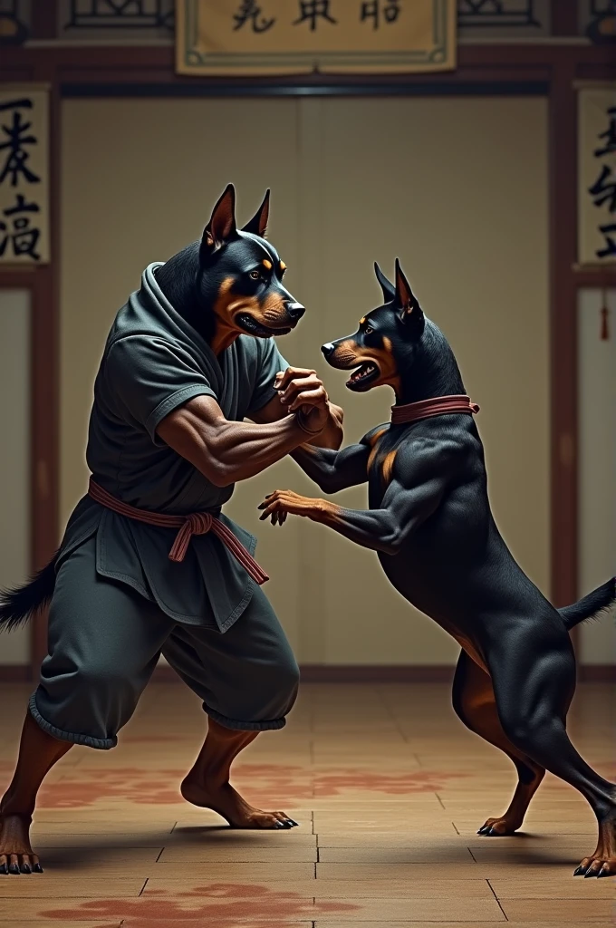 A Rottweiler and Doberman in martial arts outfits. Fighting each other.