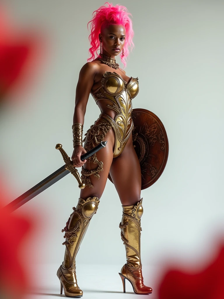 An Amazon posing with confidence and courage. Hair: She has a very long neon wavy fade mohawk. Body: the breasts are tiny and small, wide hips are voluptuous and very strong trapezoidal and toned. The waist is tiny zero. Her body is voluptuous and delicate and Womanly. She has an immensely full round and protruding buttocks glutes. Face: like Angela Bassett. Clothes: Amazon armoured suit. The armor is bright metallic with flowers and intricate details. She has a long sword and a shield with relief symbol. Image style and definition: (ultra realistic photo, feminine figure, portraits, 8 K, Womancore, Reductionist form, DSLR, mujercore.) Background: white room. Highlight the detailed skin texture, body contours, and realistic lighting effects to achieve a high level of visual fidelity. , jaw-dropping body, The overall ambiance is professional, chic, and reflects her expertise as an instructor. facing the camera directly. Bold with text discussion wish your link Download. emphasizing its detailed design. high quality, The composition is further enhanced by the dreamy and ethereal effect of blurred red flowers in the foreground. The overall atmosphere combines mystery and sensuality. Photo taken extremely low down by J Alex Photos