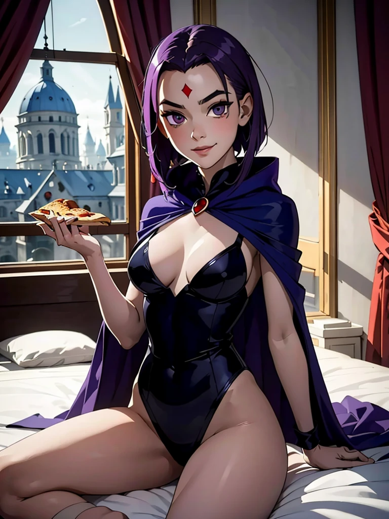 Display the NSFW image，Show all pictures，Best picture quality，Ultra-fine image, RavenTT,  purple eyes,purple hair,  red jewel in forehead, grey skin,blue cloak,black leotard,brooch, looking at viewer, serious, naughty smile, lying in her bed, bed full of food, pizza,window, romantic ambiance, extreme detail, masterpiece, beautiful quality, from above,1girl, 