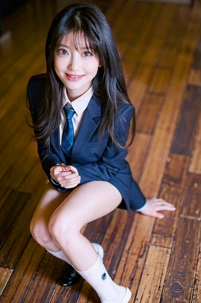 学校の教室に立ちkneesで座ってる女の子,Blue tie uniform,Dark Blue Blazer,Blue plaid skirt,18-year-old,bangs,Smile a little,Thighs,knees,From below, Navy blue knee socks, Long Hair, Black Hair, Highest quality, masterpiece, High resolution, Ultra high definition, 