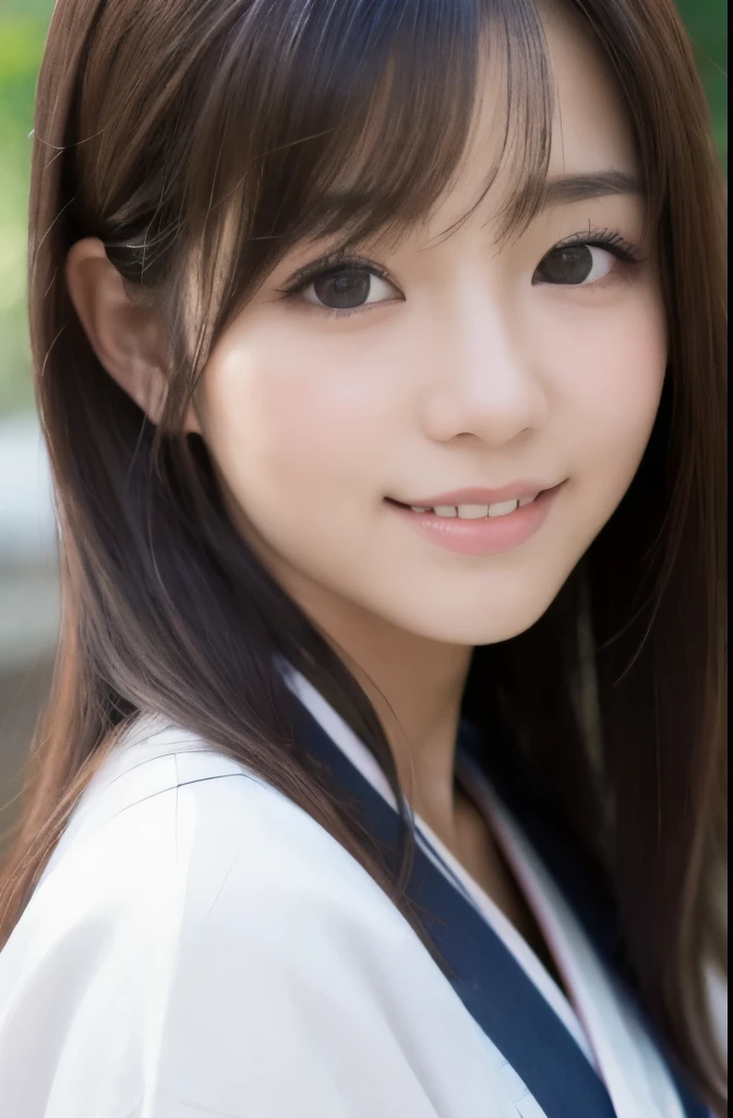 best quality, face focus, soft light, ultra high res, (photorealistic:1.4), RAW photo,(Shinozaki Ai), white skin, kawaii, 1 Japanese girl, solo, cute, (smile), (pupil, lights in the eyes), detailed beautiful face, Medium-sized breasts,(high resolution detail of human skin texture),(long hair),(portrait), upper body, white traditional kimono,