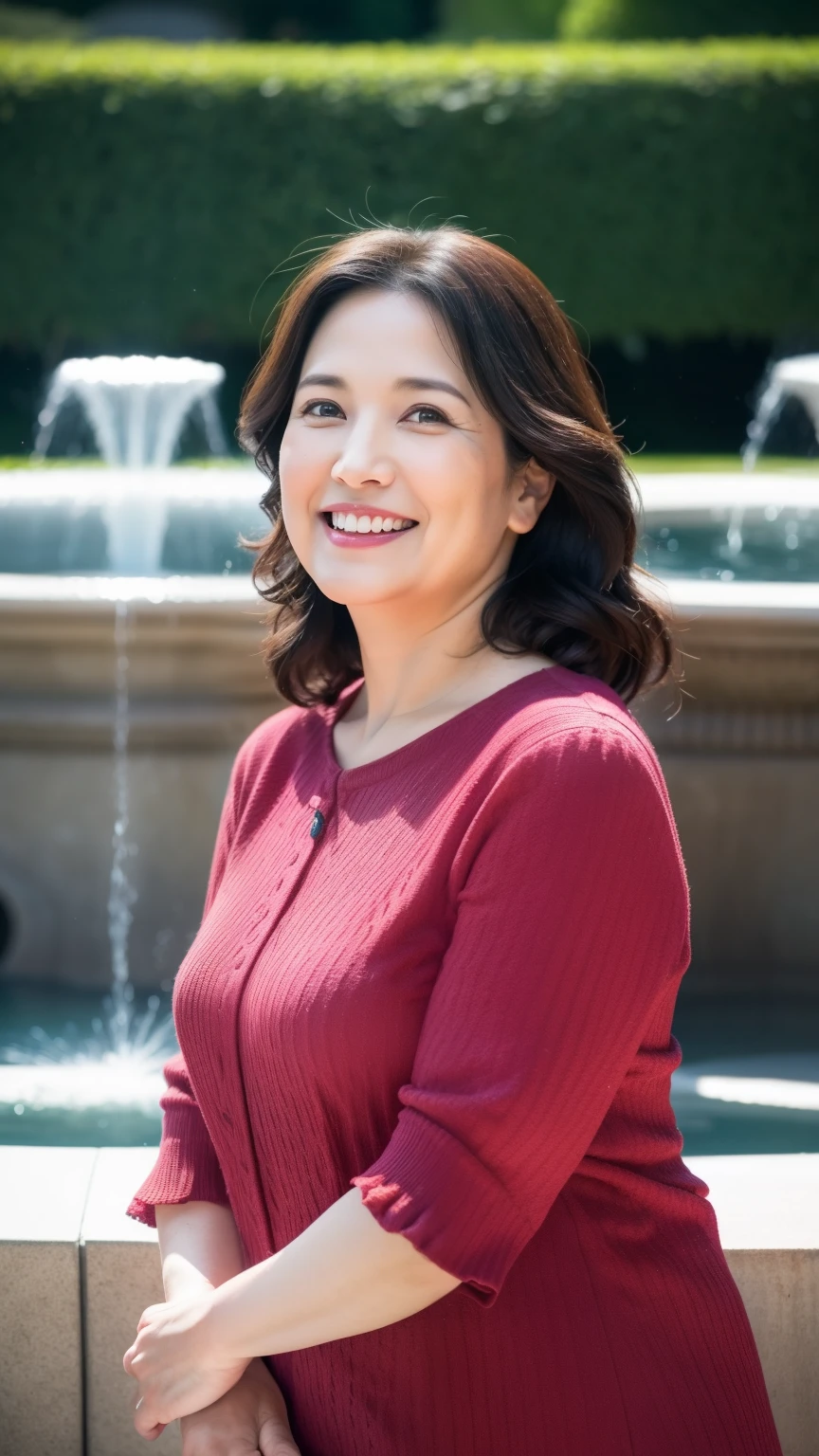 最high quality, In 8K, whole body, Real, Upper Body, high quality, High resolution, Detailed face, Detailed eyes, Thick lips, (Look at the viewers), alone, Middle-aged women, , 60 years old, , Wavy Hair, , Wearing short sleeves, Standing in front of a fountain, Wrinkles around the eyes, Smiling with teeth showing, Background Blur