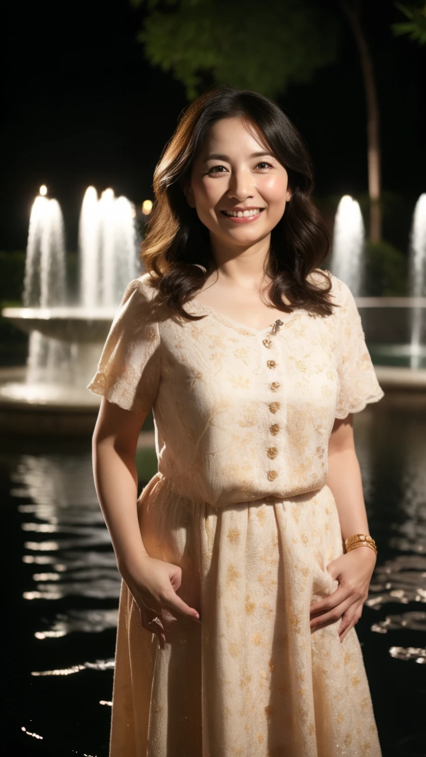 最high quality, In 8K, whole body, Real, Upper Body, high quality, High resolution, Detailed face, Detailed eyes, Thick lips, (Look at the viewers), alone, Middle-aged women, , 60 years old, , Wavy Hair, , Wearing short sleeves, Standing in front of a fountain, Wrinkles around the eyes, Smiling with teeth showing, Background Blur