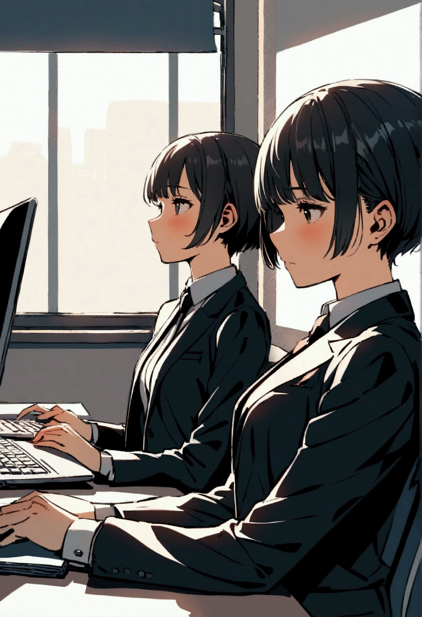slender,a young girl,pixie cut,black hair,suit,tired,working on laptop,office setting,notebook