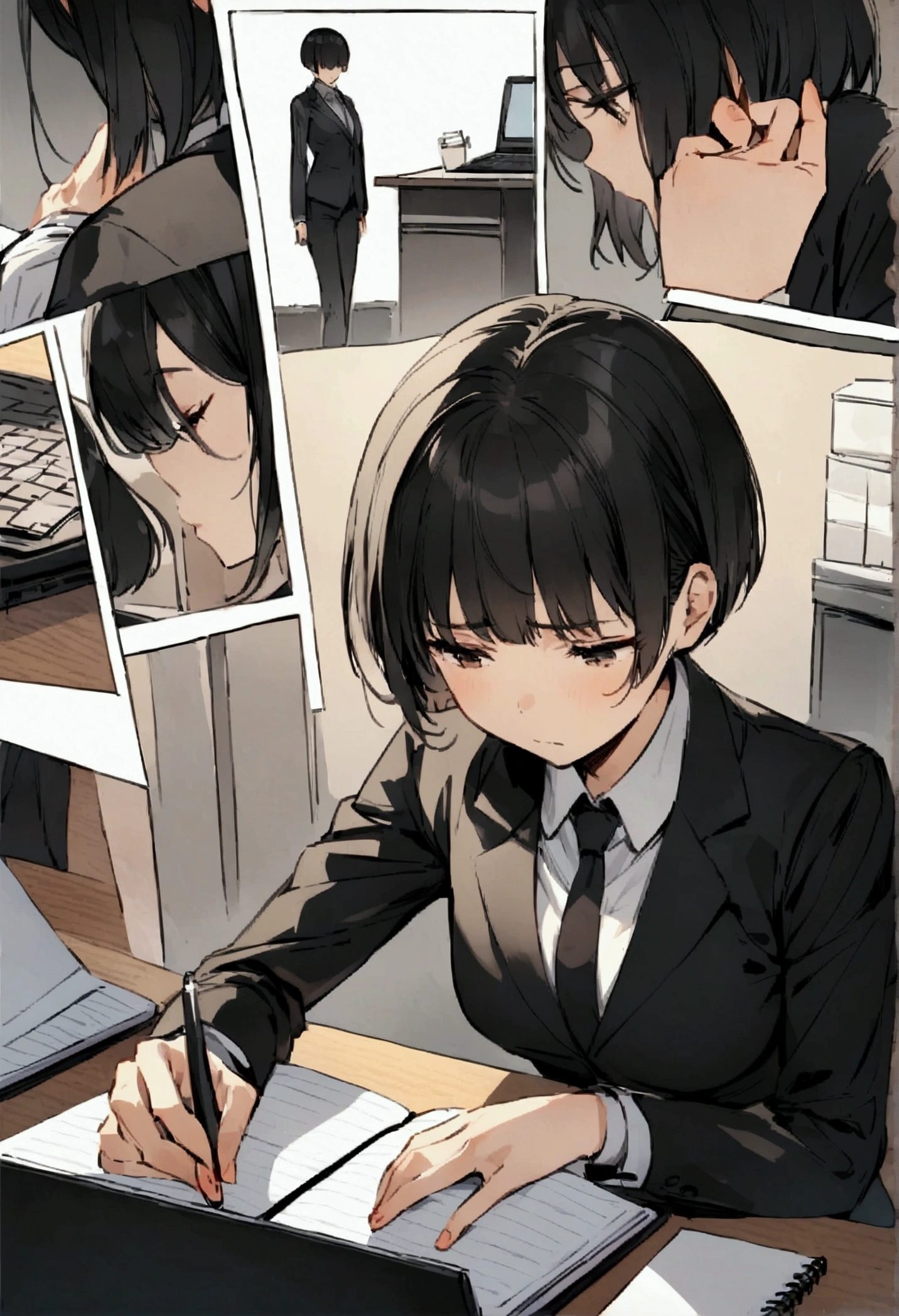 slender,a young girl,pixie cut,black hair,suit,tired,working on laptop,office setting,notebook