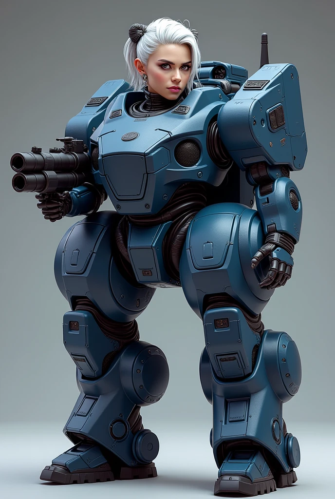 チームベースのアクションシューティングビデオゲームの非常に詳細な多足多関節のコンパクトなFuturistic heavy armored tankのキャラクター、Job title: Tank、Exquisitely detailed tanks、Fierce_Elaborate and detailed faces、Very short hair、Navy blue and azuki bean color scheme、Futuristic heavy armored tank、Tactical Helmet、Futuristic Gatling gun、Concept Art、Intricate details、Hyperrealistic、8k、Highest quality、Photorealistic、masterpiece