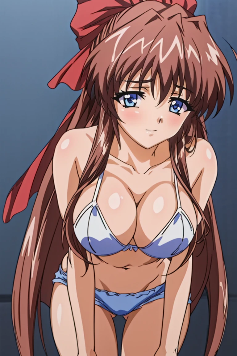 (Anime artwork, Anime Style, Studio Anime, Very detailed, up to date, Vibrant, Anime Coloring Book, High Contrast, masterpiece:1.2, Highest quality, Best aesthetics), (Beautiful and detailed eyes:1.2), Straight Long Hair, Larger breasts, Hair Ribbon, (hot pants、Hair Ribbon,  Micro Sports Bra ), Asymmetrical bangs, Perfect Proportions, Skin with attention to detail, cute, cute笑顔 　Leaning forward