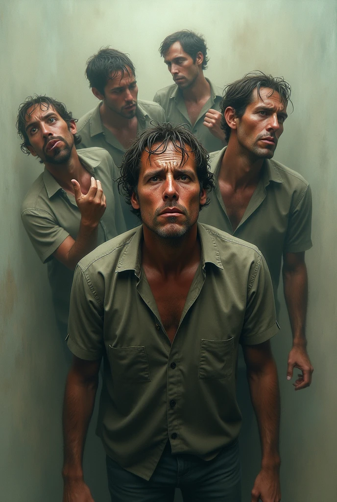 Multiple men in the same visibly disturbed man are making various gestures,showing what it&#39;s like to have a turret and as if you were several people 