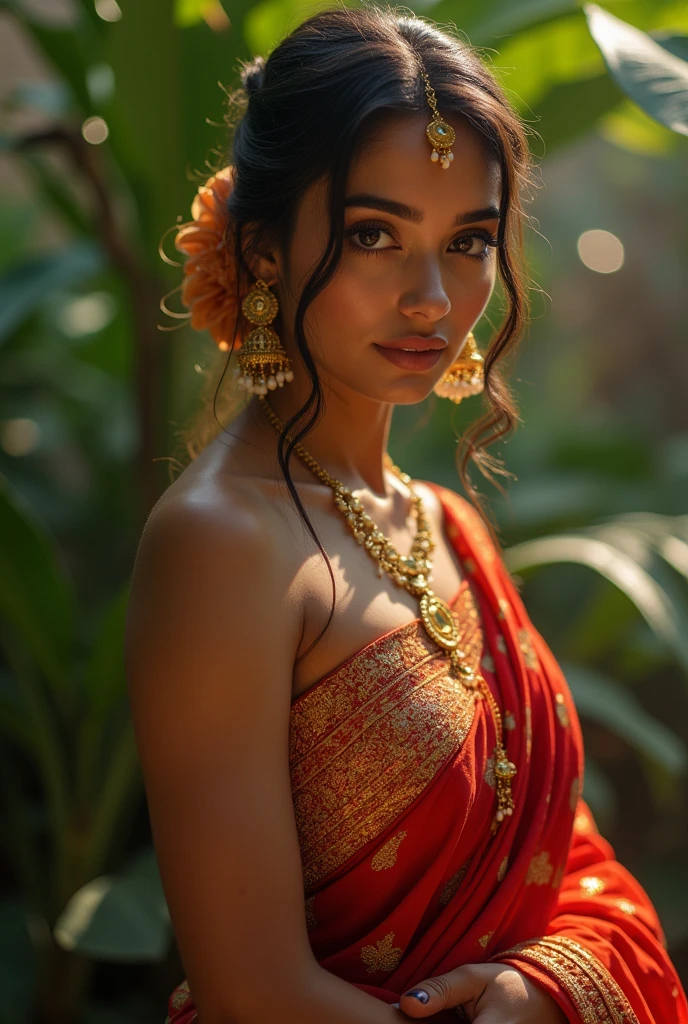 A beautiful indian woman with detailed facial features, long eyelashes, delicate lips, high cheekbones, graceful poses, elegant traditional indian dress, natural lighting, cinematic atmosphere, intricate fabric textures, sensual but tasteful, dramatic lighting, warm color tones, soft glowing skin, detailed ornaments and jewelry, lush environment with exotic plants, photorealistic, masterpiece, 8K