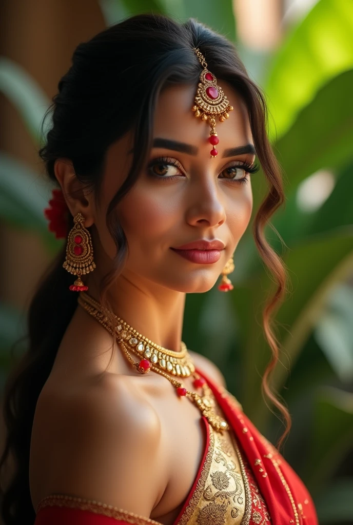 A beautiful indian woman with detailed facial features, long eyelashes, delicate lips, high cheekbones, graceful poses, elegant traditional indian dress, natural lighting, cinematic atmosphere, intricate fabric textures, sensual but tasteful, dramatic lighting, warm color tones, soft glowing skin, detailed ornaments and jewelry, lush environment with exotic plants, photorealistic, masterpiece, 8K