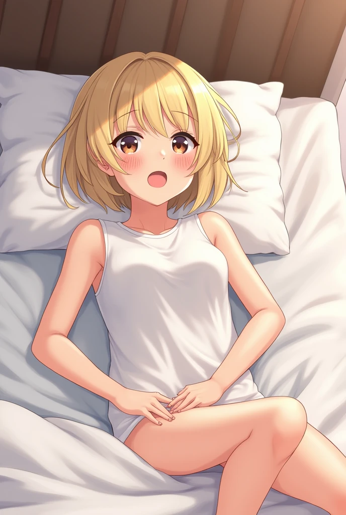  girl、Touching the crotch、I am feeling pleasure、Ecstatic expression、Lying in bed、Blonde、White、short hair