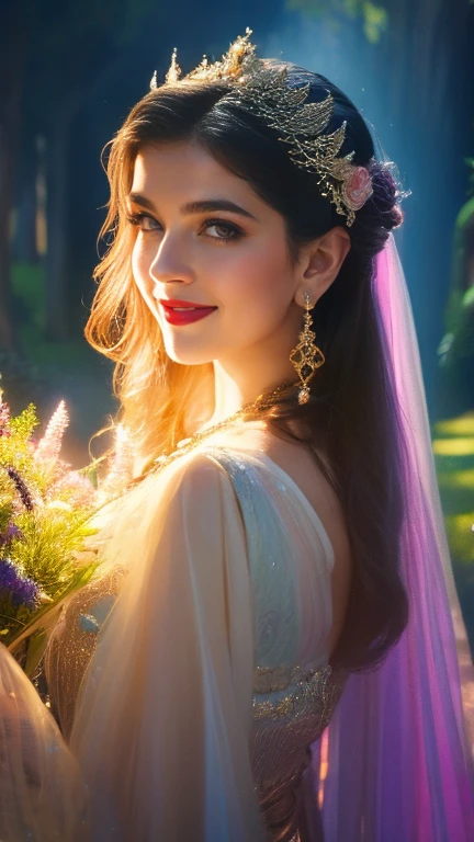 (a beautiful woman in a stunning gown of flowing silk with a radiant smile and captivating eyes),vibrant colors,highres,ultra-detailed,sharp focus,soft lighting,realistic,fantasy-inspired,portraits,subtle color palette,ethereal glow,fairytale,graceful,pastel shades,enchanted garden,lovely flowers,twinkling lights,whimsical ambiance
