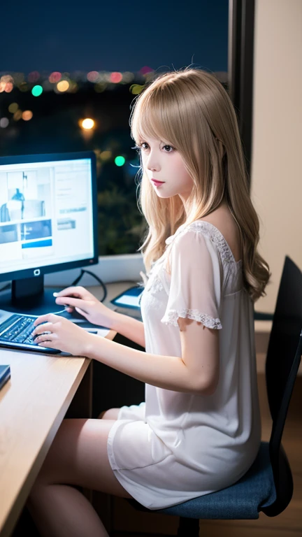 Beautiful girl operating a computer{Two-handed operation}Beautiful girl facing a computer、{Staring at your computer screen}{Beautiful night view from the window}、Beautiful girl standing by the window、Beautiful girl sitting、Beautiful girl in nightgown、Slender beautiful girl、Beautiful girl in a dark room、Blonde silver haired beautiful girl、夜にBeautiful girl operating a computer{Right beside