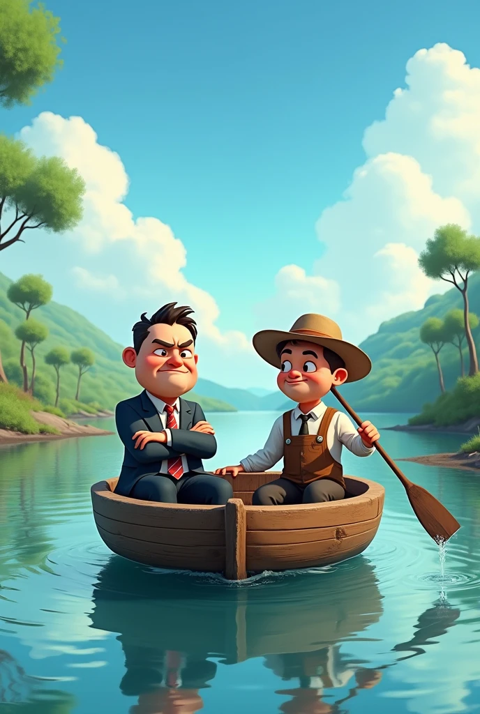 A small, rustic boat with a rude businessman and a humble poor boatman, sitting on opposite sides, floating on a calm river. Cartoon 