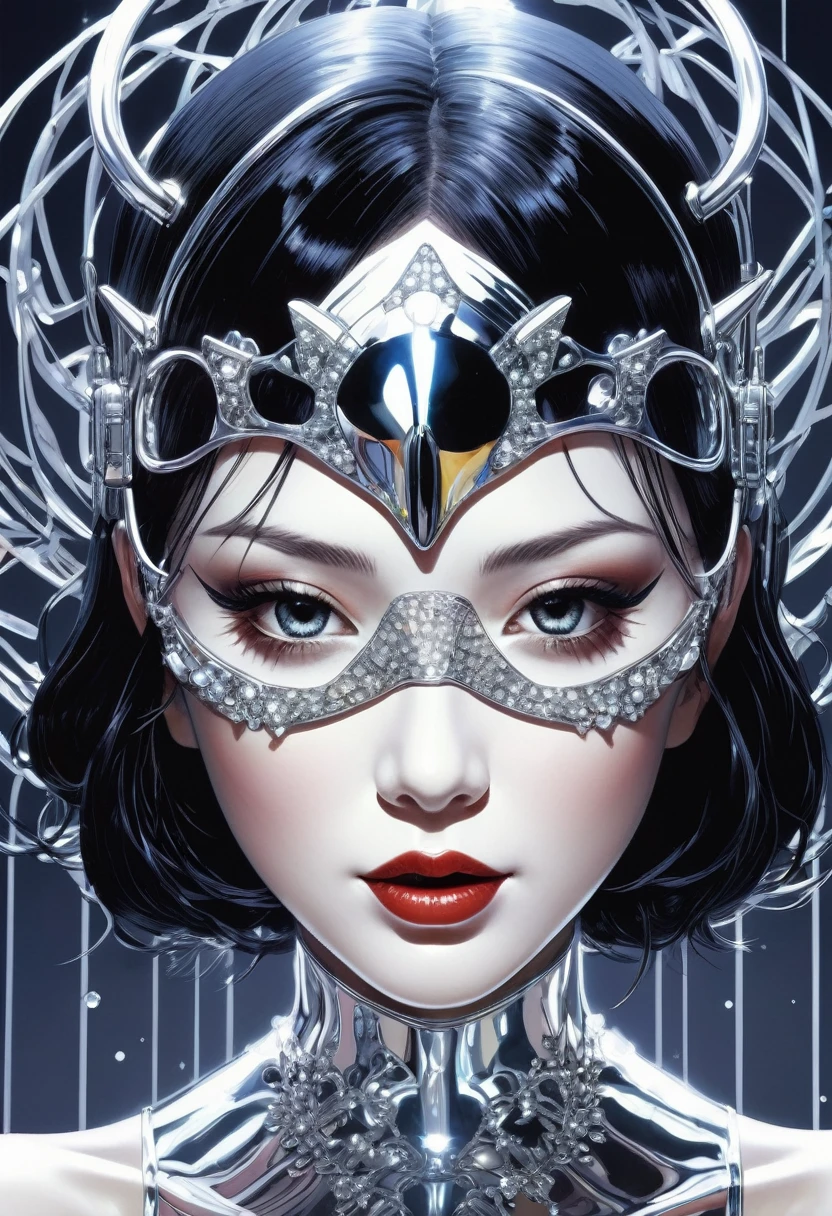 monochrome crystal face, evil, laughing, anime - style image of a woman with a futuristic face and a futuristic metal mask, satoshi kon artstyle, by Satoshi Kon, style of satoshi kon, hajime sorayama style, hajime sorayama designed girl, by Kilian Eng, crystal face, thierry mugler, by Shinoda Toko, kilian eng vibrant colors, 