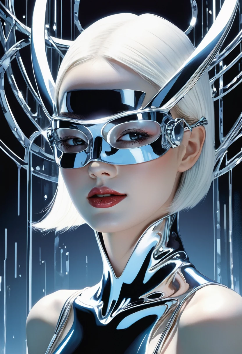 monochrome crystal face, evil, laughing, anime - style image of a woman with a futuristic face and a futuristic metal mask, satoshi kon artstyle, by Satoshi Kon, style of satoshi kon, hajime sorayama style, hajime sorayama designed girl, by Kilian Eng, crystal face, thierry mugler, by Shinoda Toko, kilian eng vibrant colors,