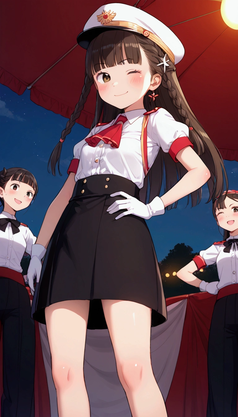 {Highest quality}, {Super beautiful},{Ultra fine},{Best illustration},Brown Hair,Hime cut,long hair,Braid,One woman,Standing Woman,Strike a pose,Adult women,smile,smug face,Wink,Uniform cap,White Shirt,Short sleeve,long black skirt,White gloves,Night Festival,Blushing,Slender,Black stiletto heels,barefoot,From an angle,From below,Put one hand on your hip,Spread your legs