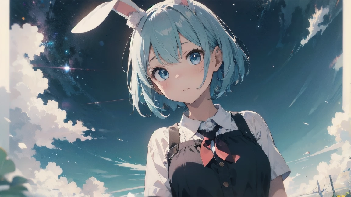 Highest quality, pretty girl, pastel colour, Fluffy white bunny ears,Light blue hair,Short Bob,Light blue eyes,Background is solid color,pop、colorful,wallpaper