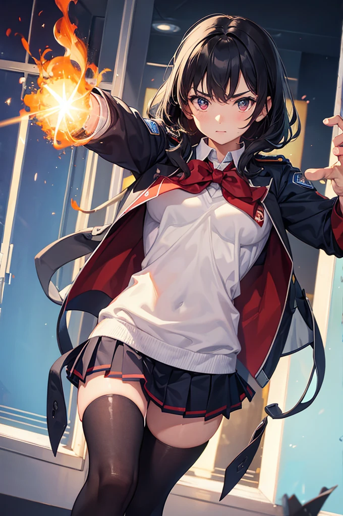 muscular girl, schoolar uniform, elite, fire powers.