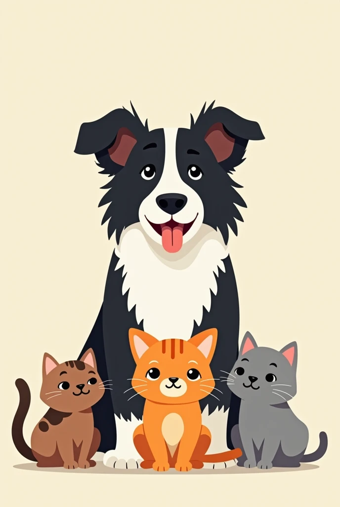 A little orange cat , a gray cat and a black and white border collie dog larger than cats with a simple 2D animation , that they are stuck facing forward 
