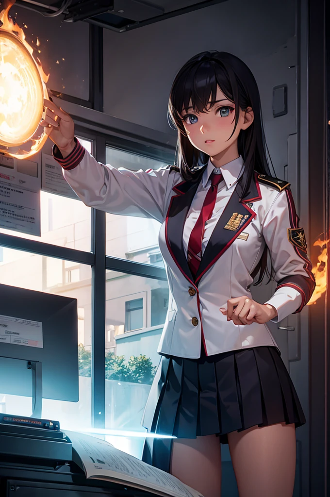 muscular girl in school uniform, elite, fire powers, highly detailed, 8k, ultra realistic, cinematic lighting, vibrant colors, dramatic angles, intricate details, hyper realism, digital art