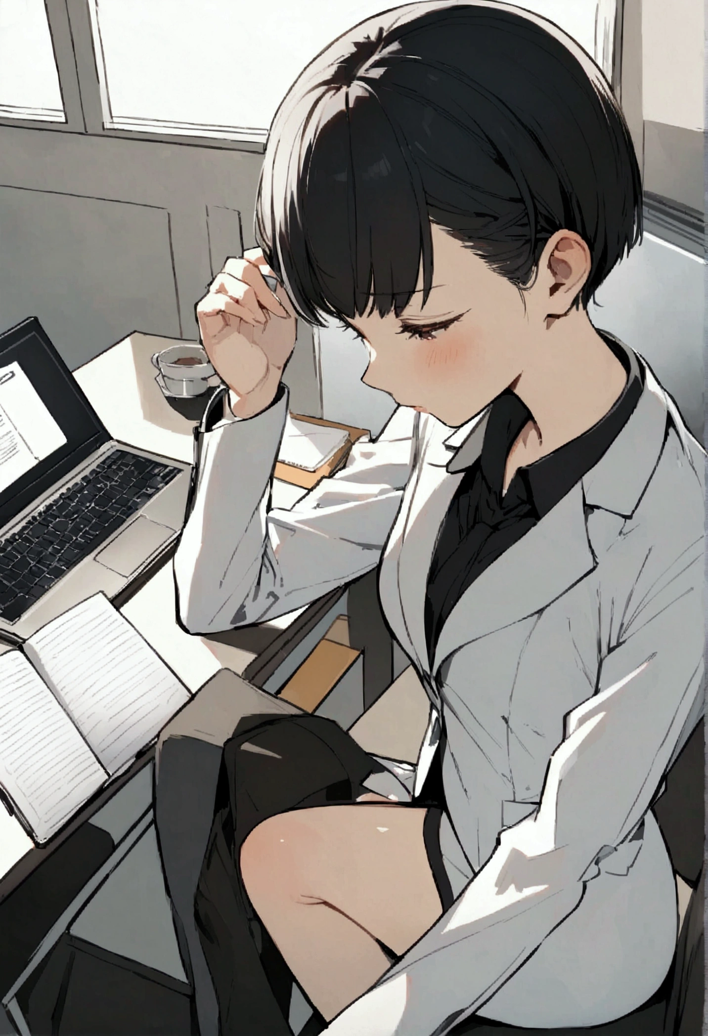 slender,a young girl,pixie cut,black hair,suit,tired,working on laptop,office setting,notebook