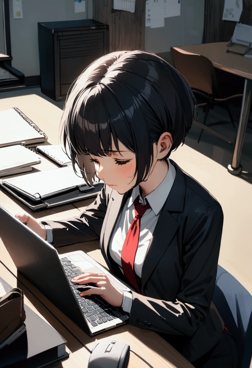 slender,a young girl,pixie cut,black hair,suit,tired,working on laptop,office setting,notebook