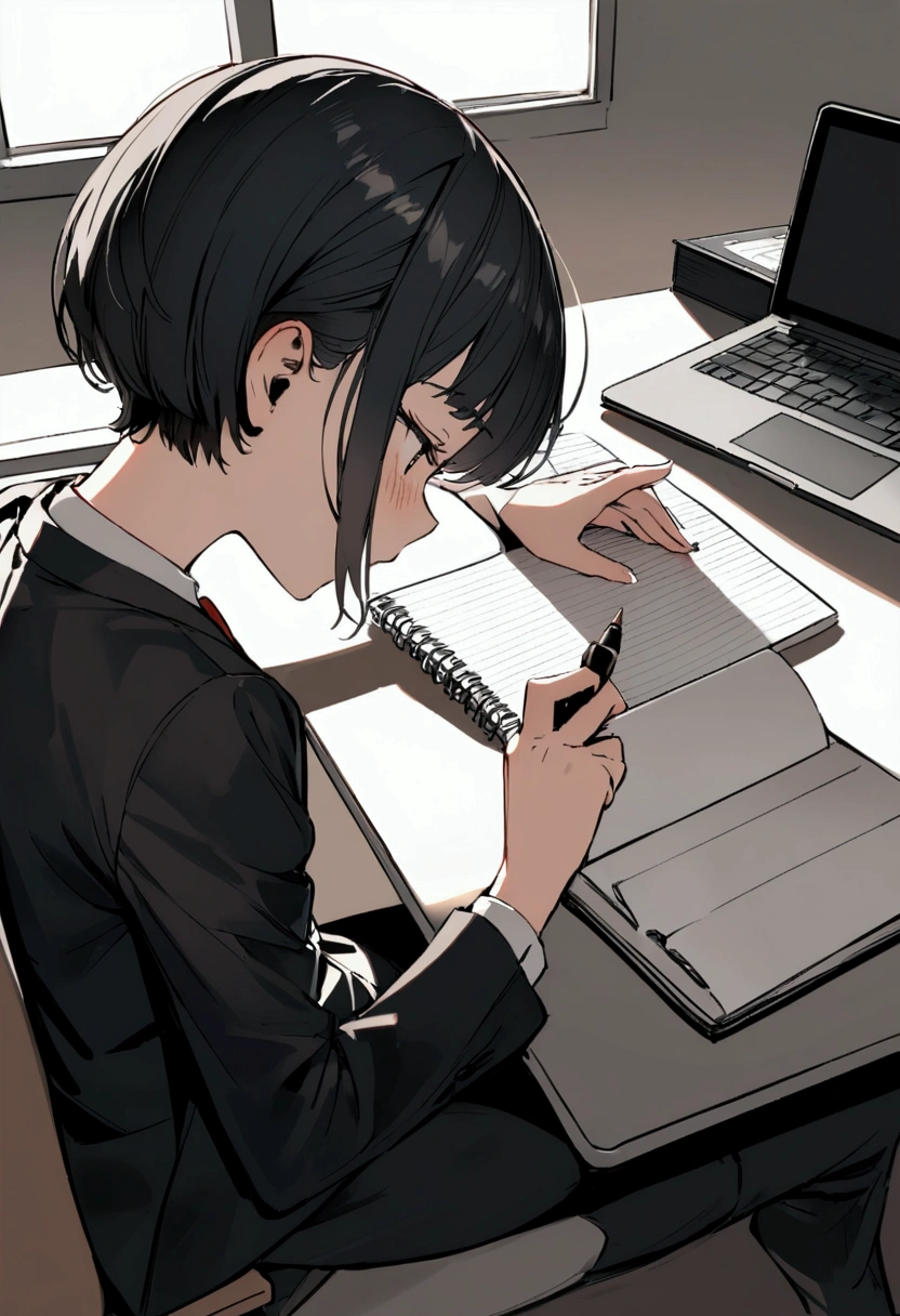 slender,a young girl,pixie cut,black hair,suit,tired,working on laptop,office setting,notebook